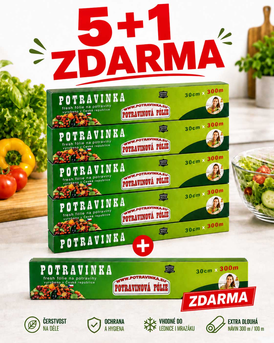 Potravinová fólie 30 cm × 300 m – AKCE 5+1 ZDARMA (6 rolí)