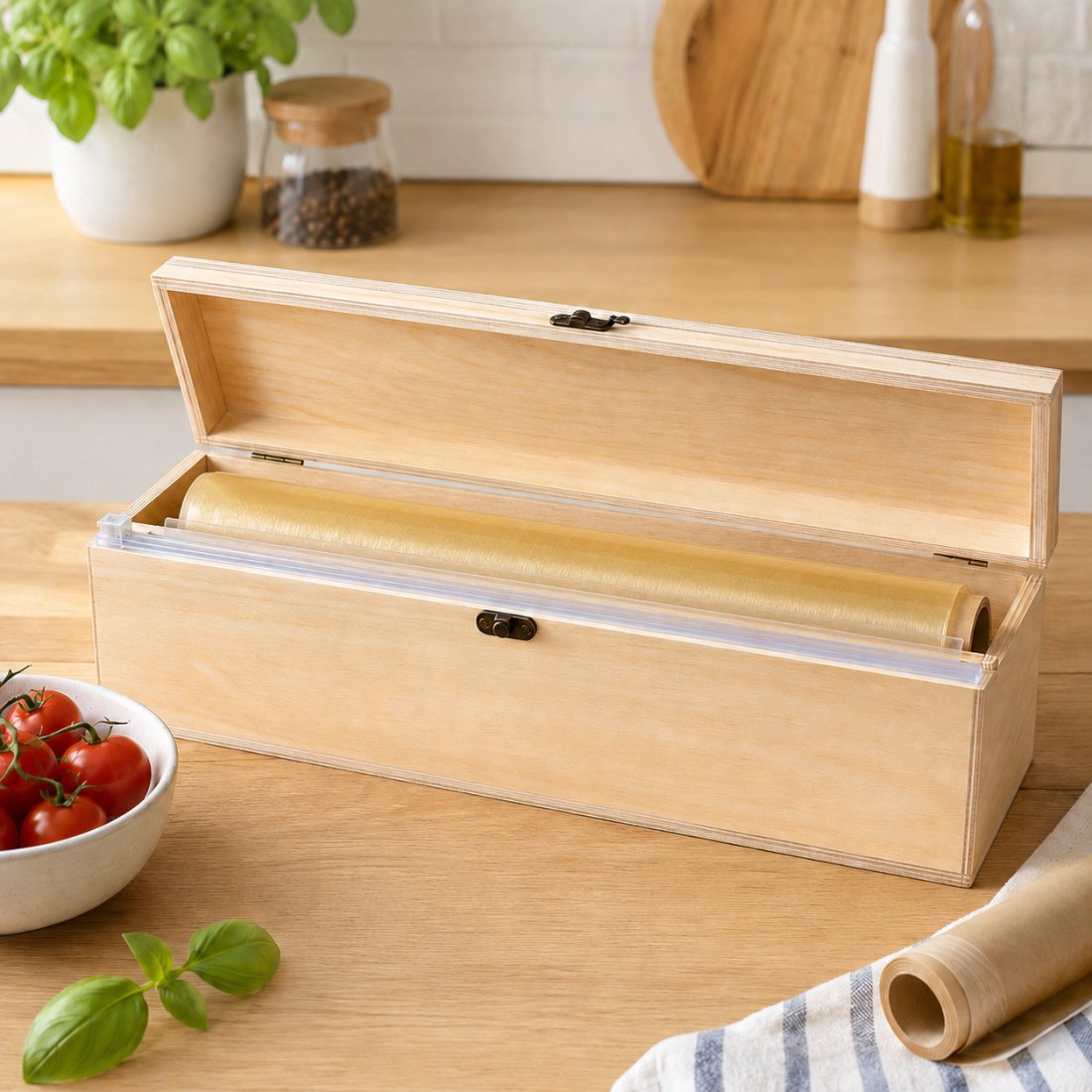 Dřevěná krabička na potravinovou fólii 30 cm s řezačkou – Potravinka